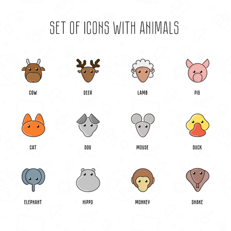Set of icons with animals. Cow, deer, lamb, pig, cat, dog, mouse, duck, elephant, hippo, monkey, snake. Funny animal. Portrait vector illustration. Pet faces with flat style. Zoo cartoon collectionのイラスト素材