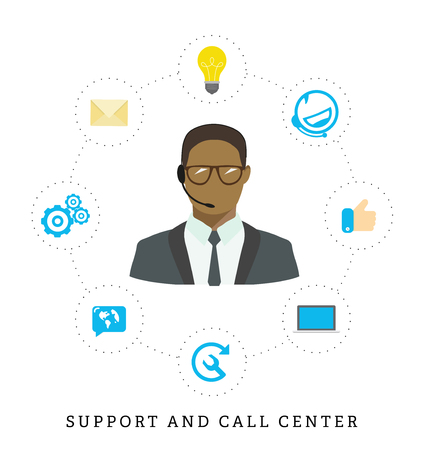 Icons for call center or hotline, call center female operator, support symbol in flat style.のイラスト素材