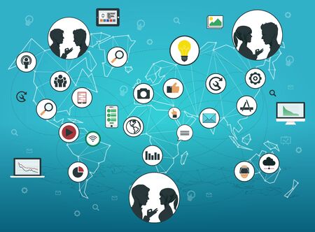 Social media network connection concept. People's profiles in a social and media network on polygonal abstract world map showing abstract global connection structure. Vector illustration in flat designのイラスト素材