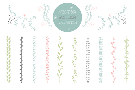 Set of 10 vector Brushes includes hand drawn floral decorative seamless brushes. Geometric border brushes with outer and inner corner tiles. Vector illustrationのイラスト素材
