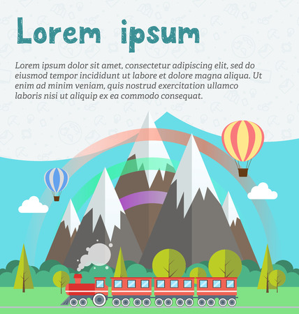 Steam locomotive and wagons on railroad track. Train with forest, rainbow, balloons and mountains background. Flat illustration vector. Concept for invitations, cards. Sample text on seamless patternのイラスト素材