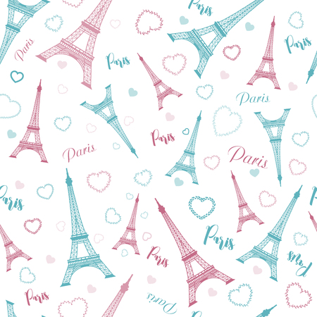 Eiffel tower, Paris, love. Seamless pattern with romantic hearts for invitations, clothing, travel, cards, designs products, bags and accessoriesのイラスト素材