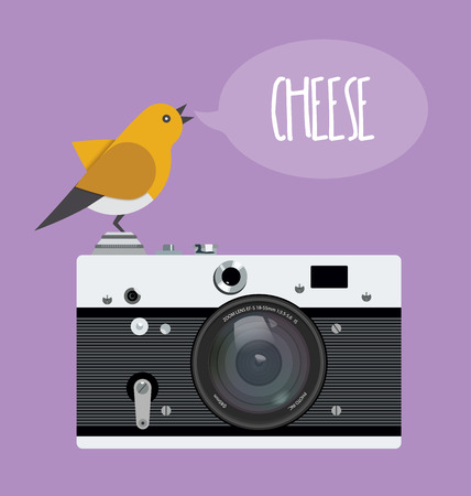 Old photo camera with realistic lens and cartoon bird, text bubble cheese.のイラスト素材
