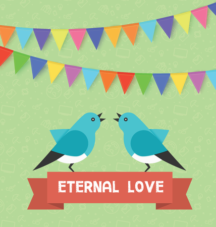 Birds and text banner eternal love, flags, garlands.のイラスト素材