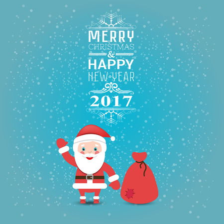 Greeting card or invitation Merry Christmas and happy new year 2017 with Santa claus and bag with gifts.のイラスト素材