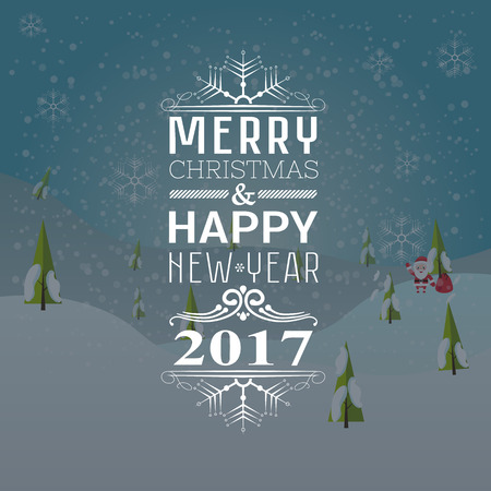 Greeting card or invitation Merry Christmas and happy new year 2017 with Santa claus and bag with gifts.のイラスト素材