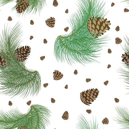 Seamless pattern with pinecones and realistic christmas tree green branches. Fir, spruce design or background for invitation, poster, greeting cards, wallpaper. New year holiday vector illustrationのイラスト素材