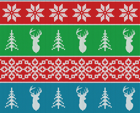 Scandinavian christmas winter seamless knitted pattern. Head deer silhouette or reindeer, snowflake and christmas tree. White pixel images with blue, green and red background. illustrationのイラスト素材