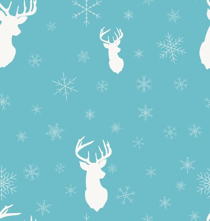 Christmas winter seamless pattern. Head deer silhouette of reindeer and snowflakes with blue background. illustrationのイラスト素材