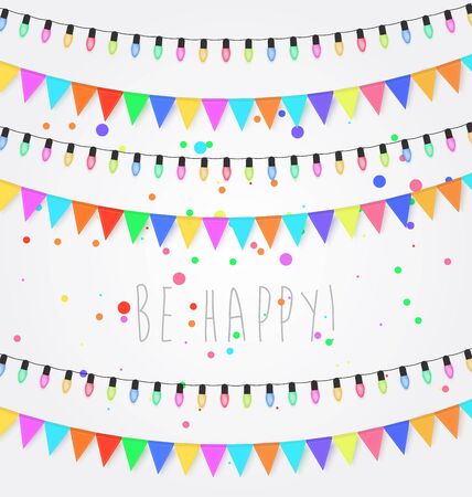Birthday, holiday, festival decoration outdoor. Christmas and New Year lights design elements. Flags, colored garlands. Flat illustration.のイラスト素材