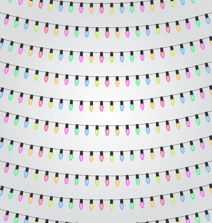 Birthday, holiday, festival decoration outdoor. Christmas and New Year lights design elements. Colored garlands. Flat illustration.のイラスト素材