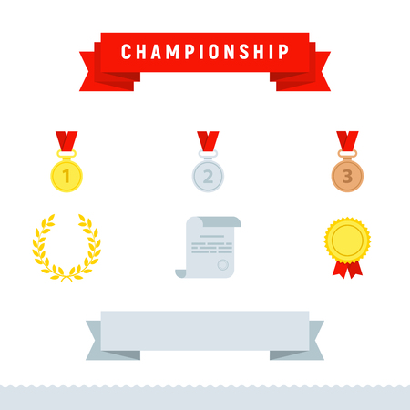 Award icons, championship set. Flat design style modern vector illustration. Gold, silver and bronze medal icon. Trophy and awards, ribbons. Laurel victory wreath. Diploma paper icon with stampのイラスト素材