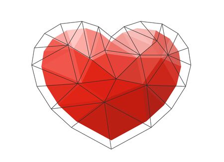 Red origami heart on white background. Vector Illustration. Abstract polygonal heart. Love symbol. Low-poly colorful style. Romantic background for Valentines day.のイラスト素材