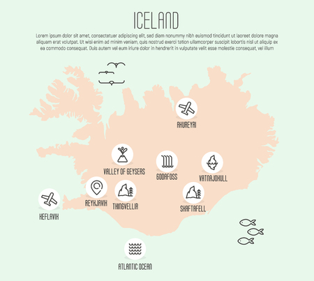 Iceland map with thin line icons of all main tourist attractions. Vector illustration.のイラスト素材