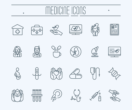 Set of thin line icons. Medicine and healthcare. Diagnostic of pregnant woman, newborn. Doctors with stethoscope. Medical equipment and medicine. Vector illustration.のイラスト素材