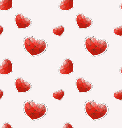 Seamless pattern with red polygonal heart on white background. Vector Illustration. Symbol of love. Romantic background for Valentines day.のイラスト素材