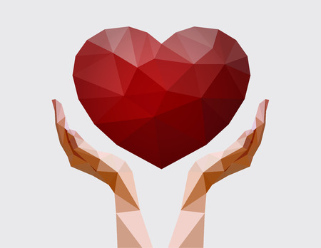 Human hands holding polygonal heart. Love, peace and donation concept. Charity event. Vector illustration for non-profit organisationのイラスト素材