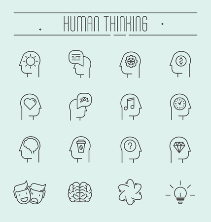 Set of head thinking icons in modern thin line style. Process in head of human. Vector illustration.のイラスト素材