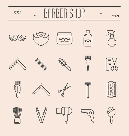 Set of minimalistic barber shop icons for logo or web site. Shaving accessories collection. Vector illustration in thin line style.のイラスト素材