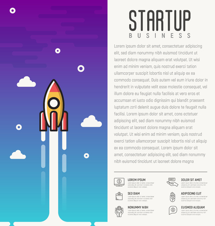 Rocket launch. Concept of start up business. Vector illustration with place for text and icons of donation and investment.のイラスト素材