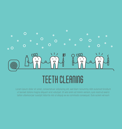Teeth cleaning concept in thin line style. Two happy tooth, boy and girl, are holding hands with toothpaste and brush and smiling. Vector illustration.のイラスト素材