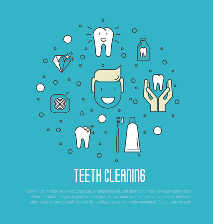 Teeth cleaning concept in thin line style. Vector illustration.のイラスト素材