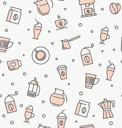 Coffee and coffee equipment seamless pattern for shop, cafe, menu or web site. Vector illustration in thin line style.のイラスト素材