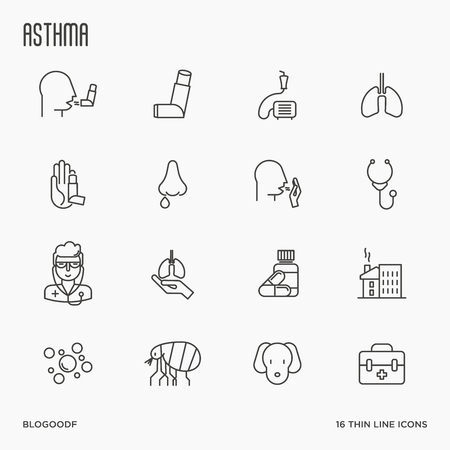 Set of allergy symptoms and the most common allergens thin line style icons. Asthma inhaler. Vector illustration.のイラスト素材