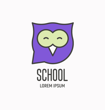 Logo with cartoon wise owl, design element for school, business, pet shop. Vector illustration.のイラスト素材