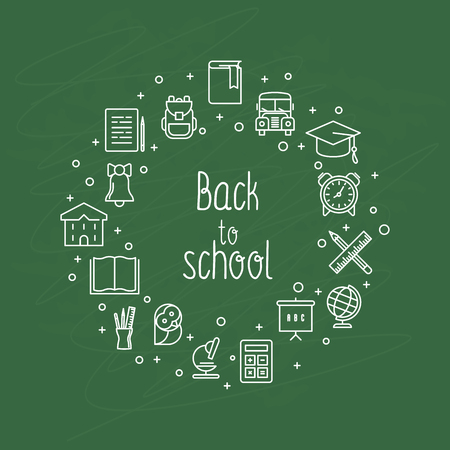 Back to school concept with thin line icons in circle. White chalk on a green school board. Vector illustration.のイラスト素材