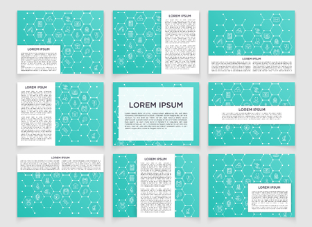 Set of modern scientific banners. Molecule structure of DNA with thin line icons inside. Abstract background. Medicine presentation, science, technology, business and website templates. のイラスト素材