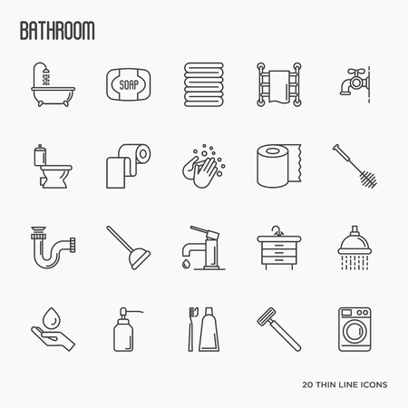 Set of bathroom equipment thin line icons. Vector illustration. Hygiene, purity, beauty, plumber related icons.のイラスト素材