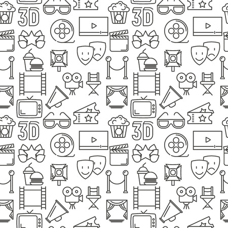 Cartoon cinema seamless pattern with thin line icons. Movie vector illustration for background.のイラスト素材