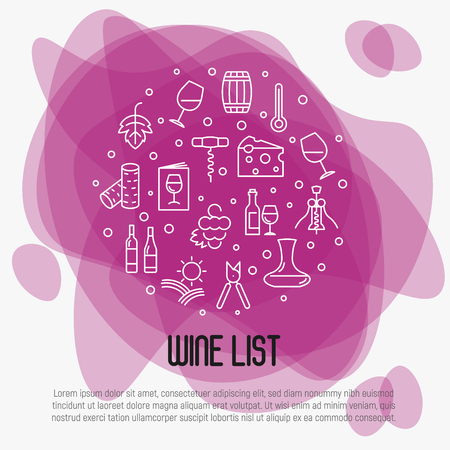 Wine list concept for bar or restaurant menu, natural alcohol drinks. Vector illustration with thin line icons related with wine making and winery.のイラスト素材