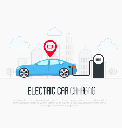 Electric blue car with low battery pointer and charging station on megapolis background. Thin line vector illustration.のイラスト素材