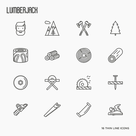 Logging and lumberjack with beard related thin line icons: jack-plane, sawmill, forestry equipment, timber, lumber. Vector illustration.のイラスト素材