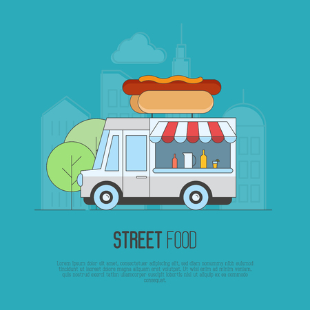 Food truck with hot dogs and lemonade on megapolis background. Modern flat thin line vector illustration.のイラスト素材