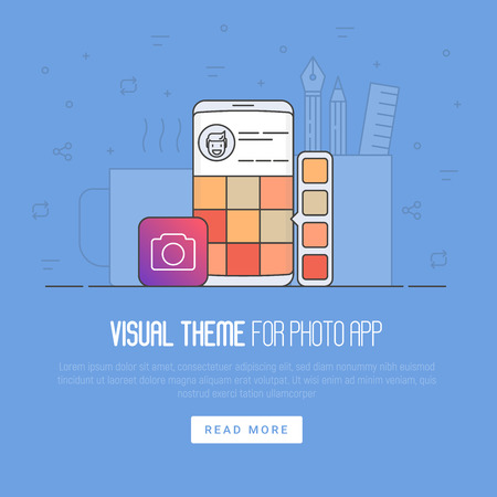 Photo app development concept: visual theme on smartphone, icon for application with camera and gradient. Cup of coffee and pencils on background. Thin line vector illustration.のイラスト素材
