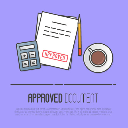 Document with red stamp Approved. Calculator, cup of coffee, pencil on the table. Vector illustration.のイラスト素材