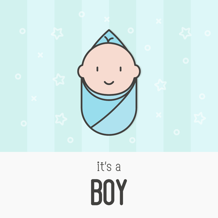 'It's a boy' concept for greeting card or invitation. Thin line vector illustration with newborn.のイラスト素材