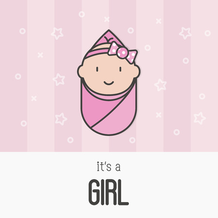 'It's a girl' concept for greeting card or invitation. Thin line vector illustration with newborn.のイラスト素材