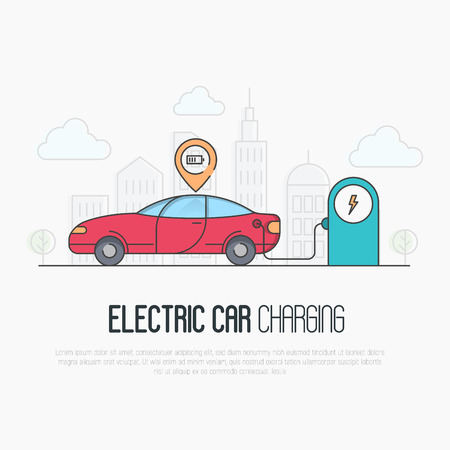 Electric red car with charging battery pointer and charging station on megapolis background. Thin line vector illustration. のイラスト素材