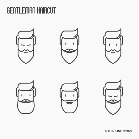 Set of icons with bearded men. Different types of beard. Thin line vector illustrationのイラスト素材