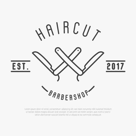 Hipster logo for barber shop with cut throat razor. Minimalistic thin line vector illustration.のイラスト素材