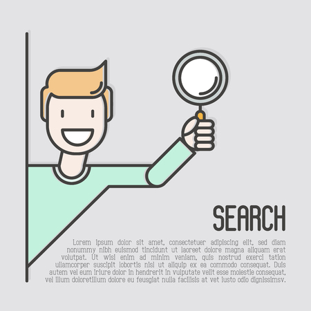 Cartoon happy man with magnifier. Concept of searching, looking for new information or data. Thin line vector illustration.のイラスト素材