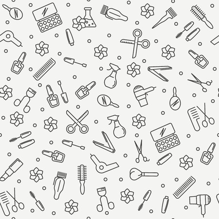 Hair salon and beauty seamless pattern with thin line icons. Vector illustration.のイラスト素材