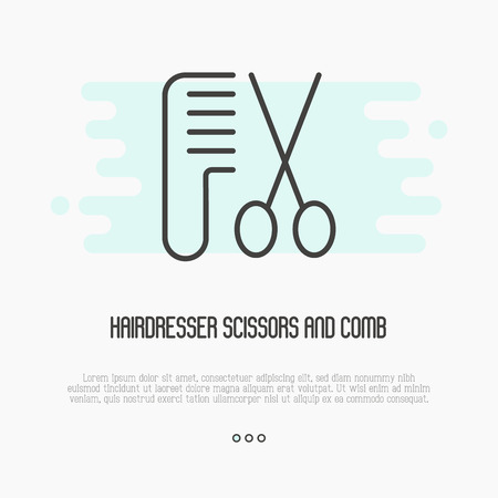 Scissors and comb in thin line style for hairdresser logo or salon, barber shop. Simple minimalistic vector illustration.のイラスト素材