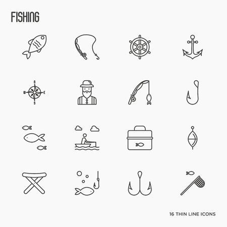 Fishing related thin line icons: fisherman, hooks, boat, rod. Vector illustration.のイラスト素材