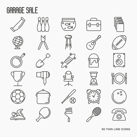 Garage sale or flea market related icons: old books, furniture, balls, house ware. Thin line vector illustration.のイラスト素材