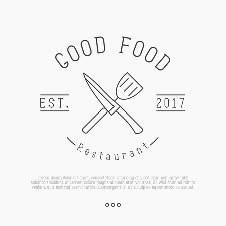 Logo for cafe or restaurant with knife and spatula in thin line style. Simple minimalistic vector illustration.のイラスト素材